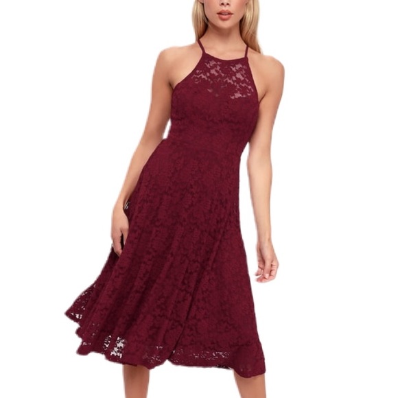 burgundy lace midi dress
